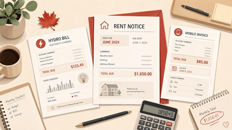 Illustration of Canadian household bills with a maple leaf and utility charges