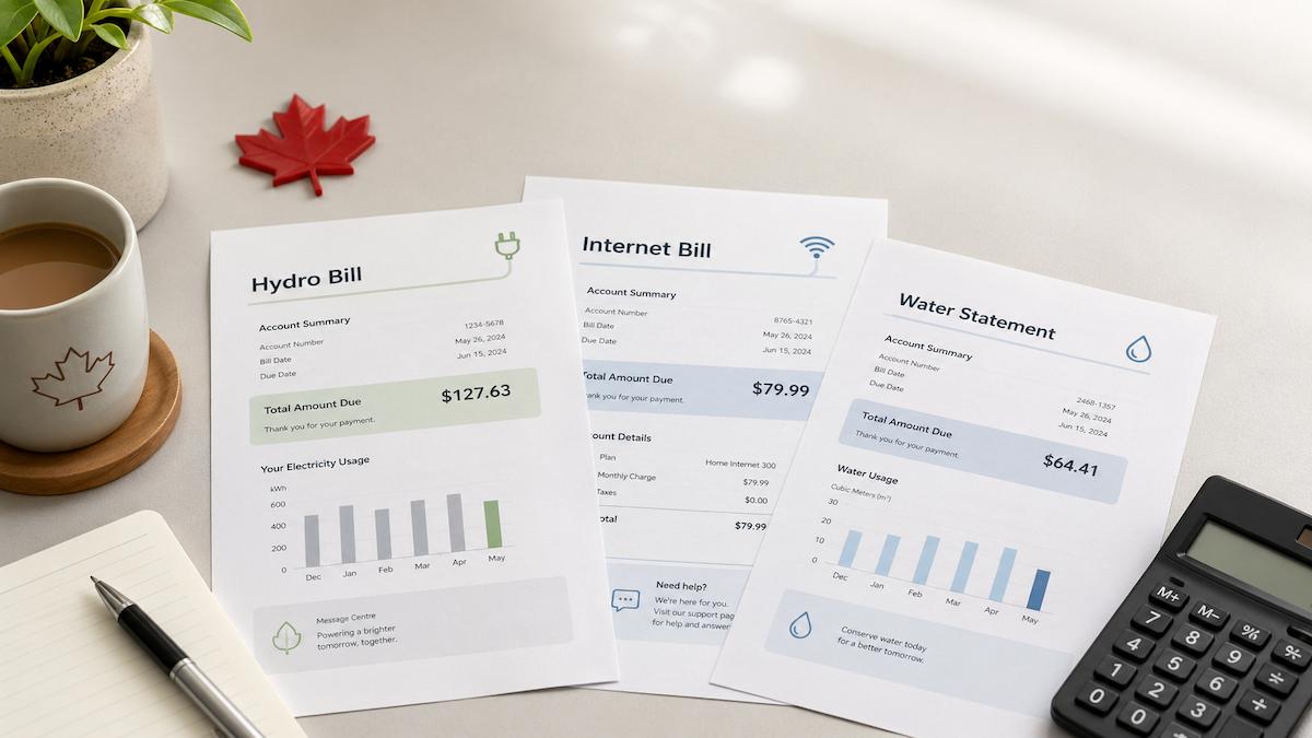 Canadian household bills arranged on a desk
