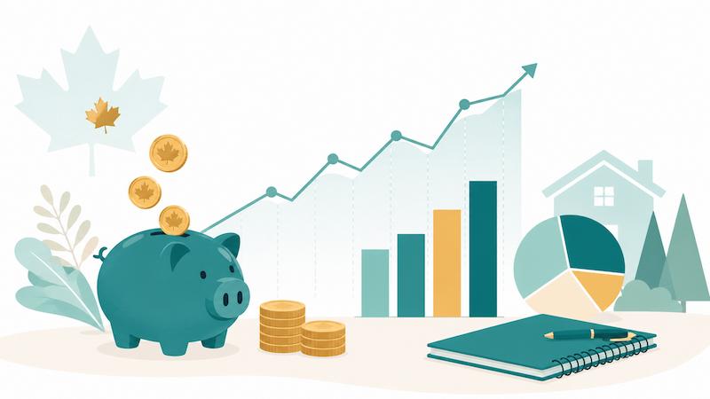 Illustration of a monthly savings chart with a rising line and budget bars